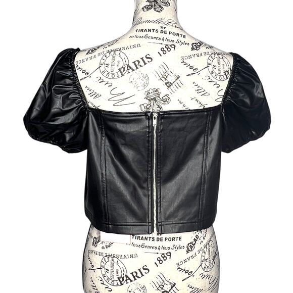Avec Les Filles LARGE Faux Leather Puffy Sleeve Zipper Back Square Neck Crop Top - Picture 4 of 13